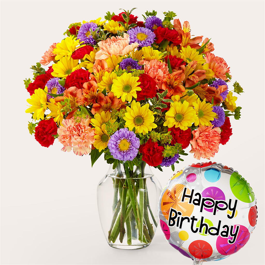 Kaleidoscope Bouquet with Birthday Balloon – Acacia Flower Shop Inc, Orangeburg SC