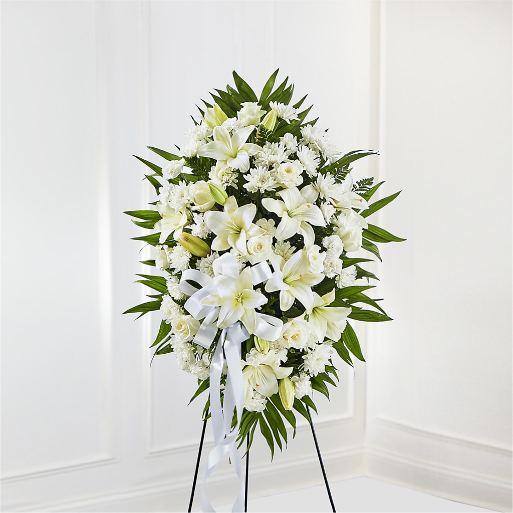 Exquisite Tribute Standing Spray-White Ribbon – Acacia Flower Shop Inc, Orangeburg SC